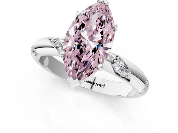 Platinum Fancy Pink Marquise Cut Solitaire Diamond Engagement Ring with Twisted Pave Band and Four-Prong Setting