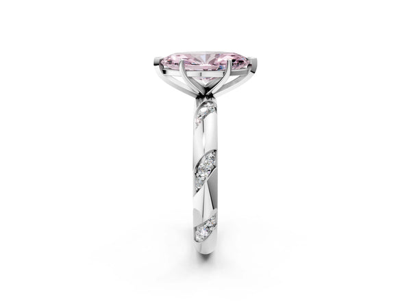 Platinum Fancy Pink Marquise Cut Solitaire Diamond Engagement Ring with Twisted Pave Band and Four-Prong Setting