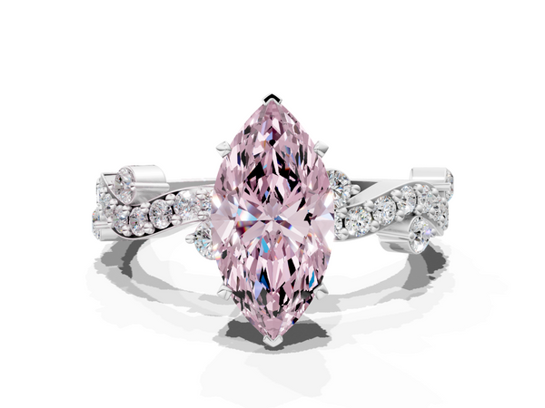 Platinum Fancy Pink Marquise  Cut Solitaire Diamond Twisted Band with Pave Setting