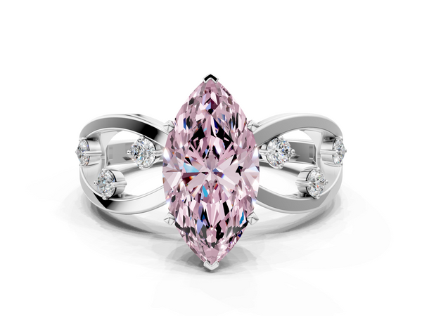 Platinum Fancy Pink Marquise  Cut Solitaire Diamond with Side Stones on Criss-Cross Band and Four-Prong Setting
