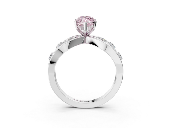Platinum Fancy Pink Marquise  Cut Solitaire Diamond with Side Stones on Criss-Cross Band and Four-Prong Setting