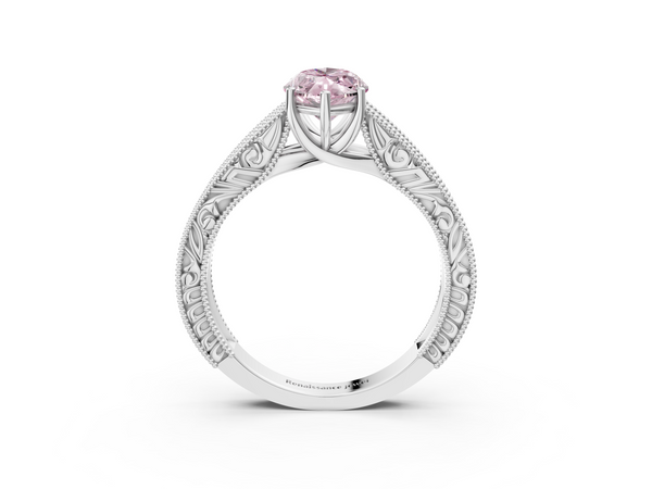 White gold Fancy Pink Marquise Cut Diamond Solitaire Ring with Engraved Band and Four-Prong Setting