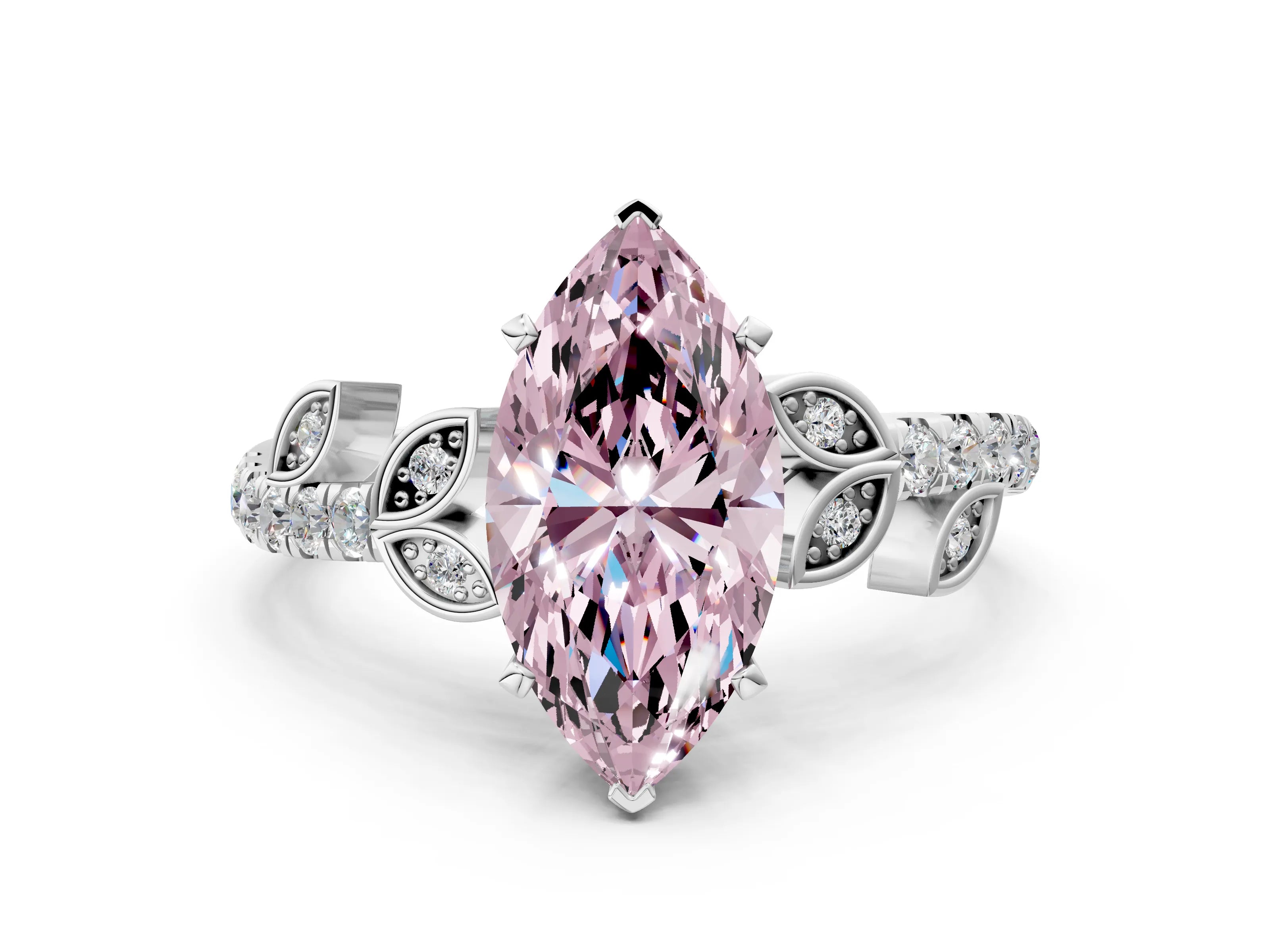 White gold Fancy Pink Marquise Cut Solitaire Leaf-Inspired Diamond Ring with Pavé Band and Four-Prong Setting_12
