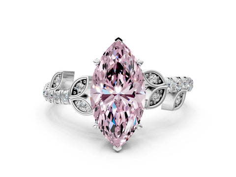 White gold Fancy Pink Marquise Cut Solitaire Leaf-Inspired Diamond Ring with Pavé Band and Four-Prong Setting_12