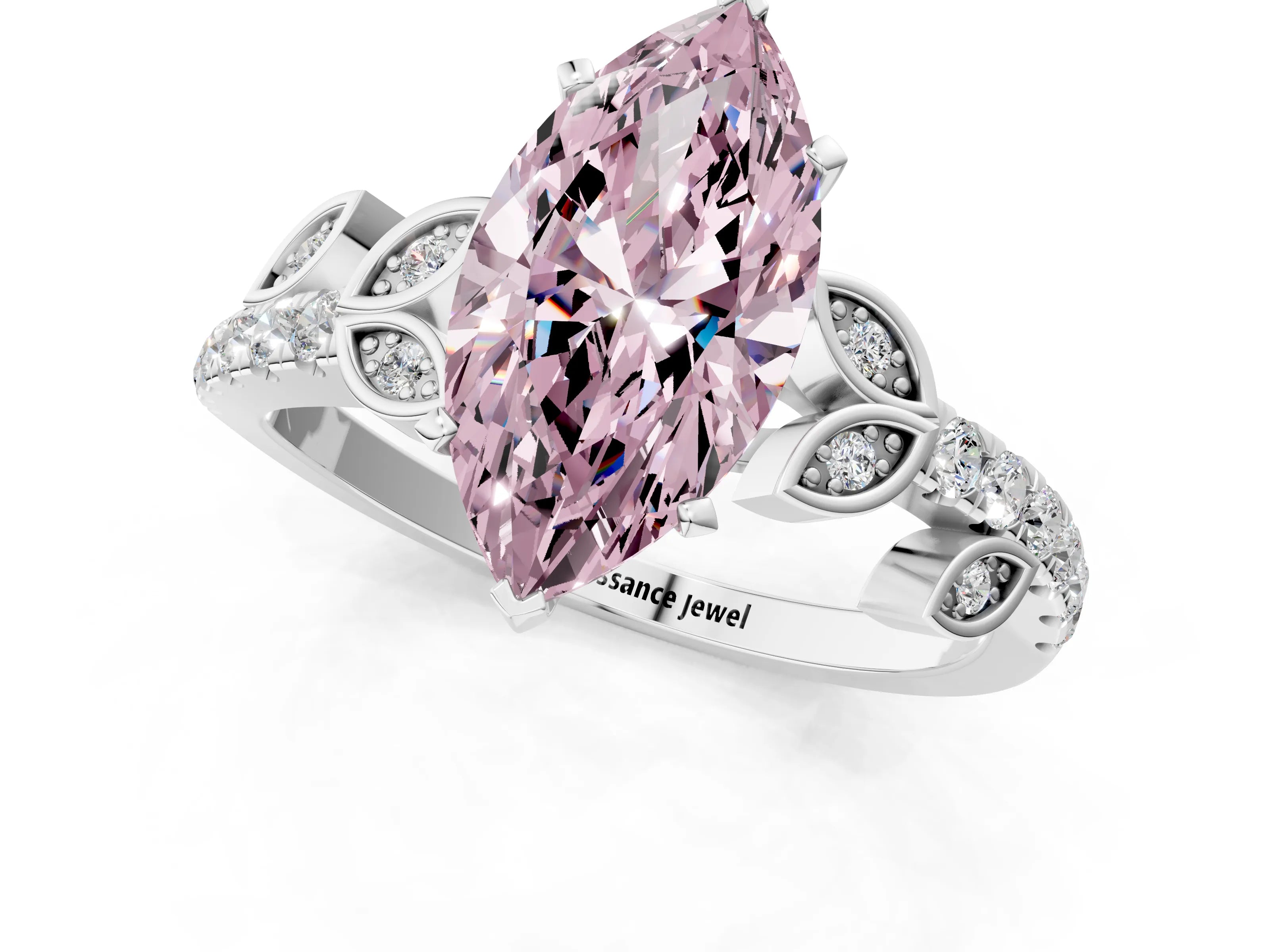 White gold Fancy Pink Marquise Cut Solitaire Leaf-Inspired Diamond Ring with Pavé Band and Four-Prong Setting_13