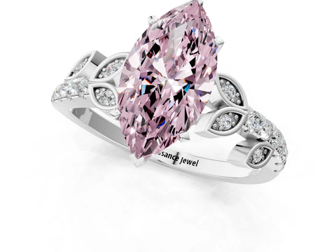 White gold Fancy Pink Marquise Cut Solitaire Leaf-Inspired Diamond Ring with Pavé Band and Four-Prong Setting_13