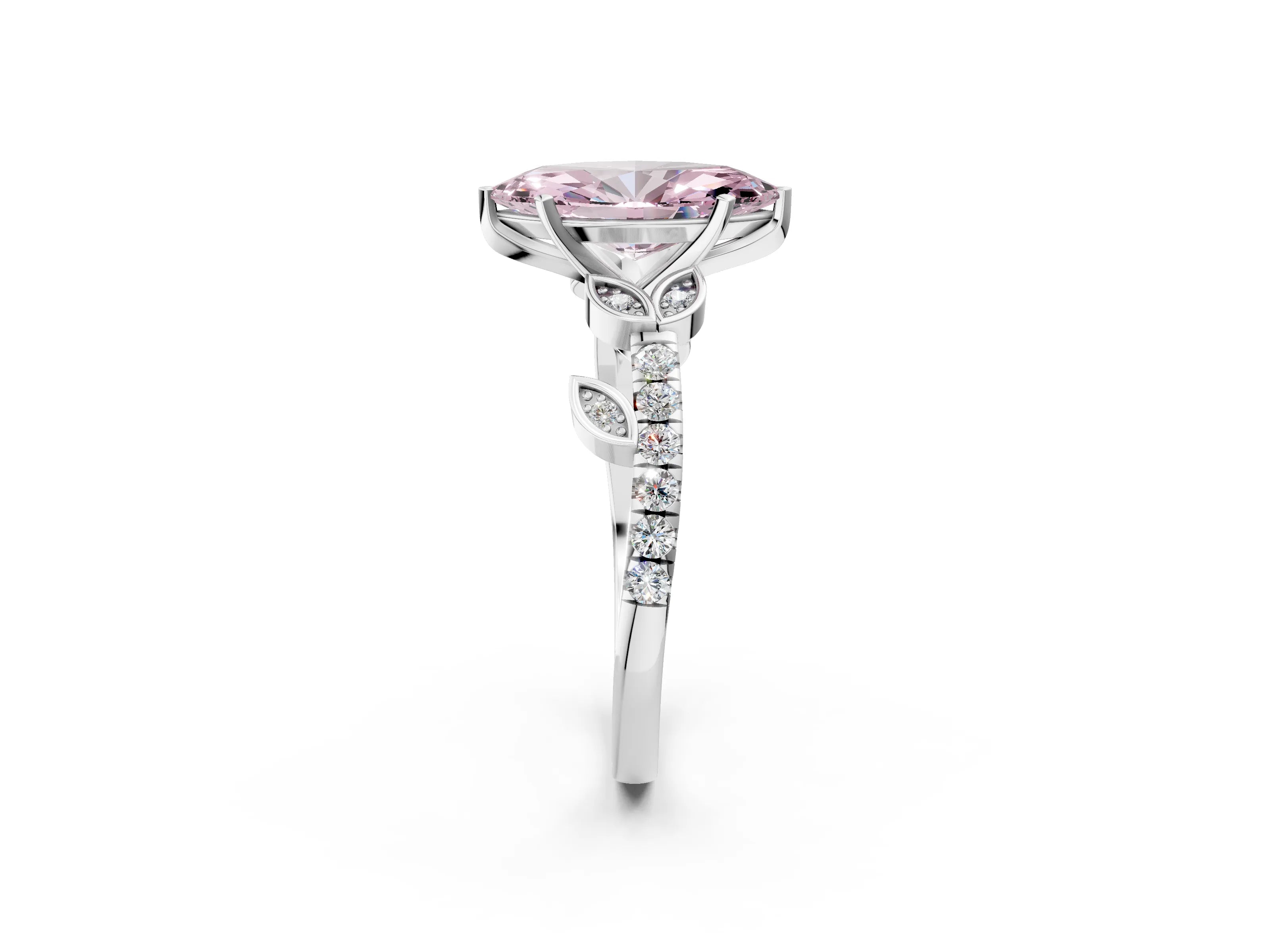White gold Fancy Pink Marquise Cut Solitaire Leaf-Inspired Diamond Ring with Pavé Band and Four-Prong Setting_14