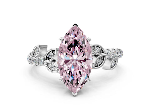 White gold Fancy Pink Marquise Cut Solitaire Leaf-Inspired Diamond Ring with Pavé Band and Four-Prong Setting_24