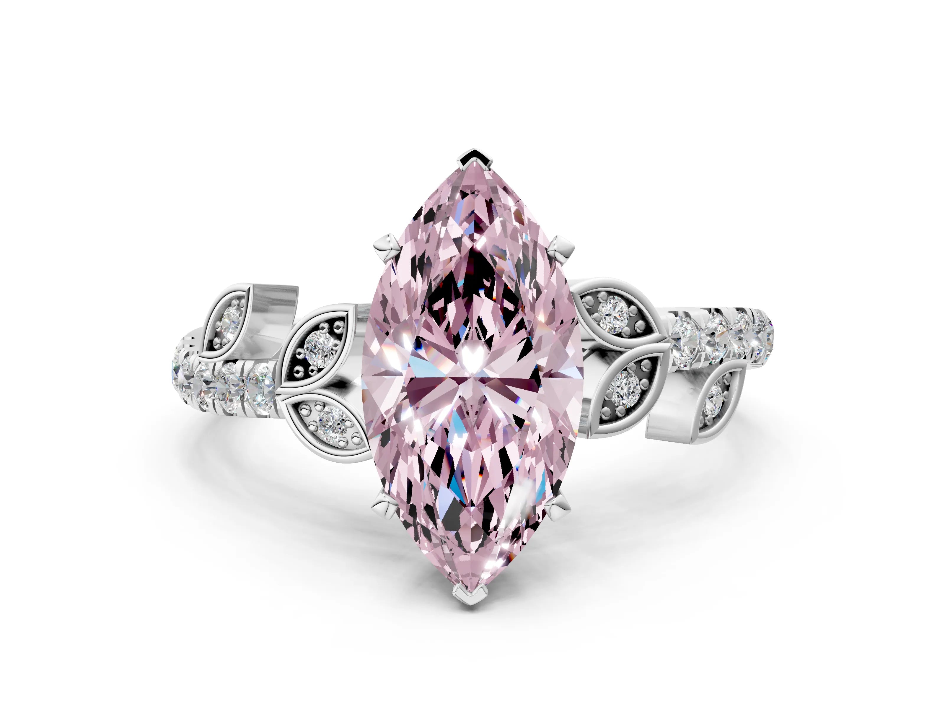 White gold Fancy Pink Marquise Cut Solitaire Leaf-Inspired Diamond Ring with Pavé Band and Four-Prong Setting_36