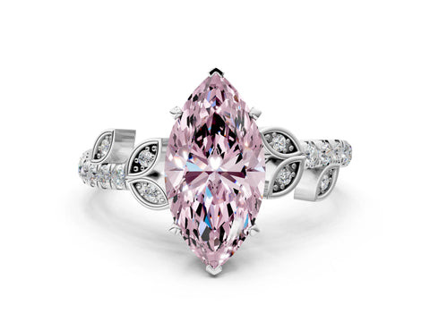 White gold Fancy Pink Marquise Cut Solitaire Leaf-Inspired Diamond Ring with Pavé Band and Four-Prong Setting_36