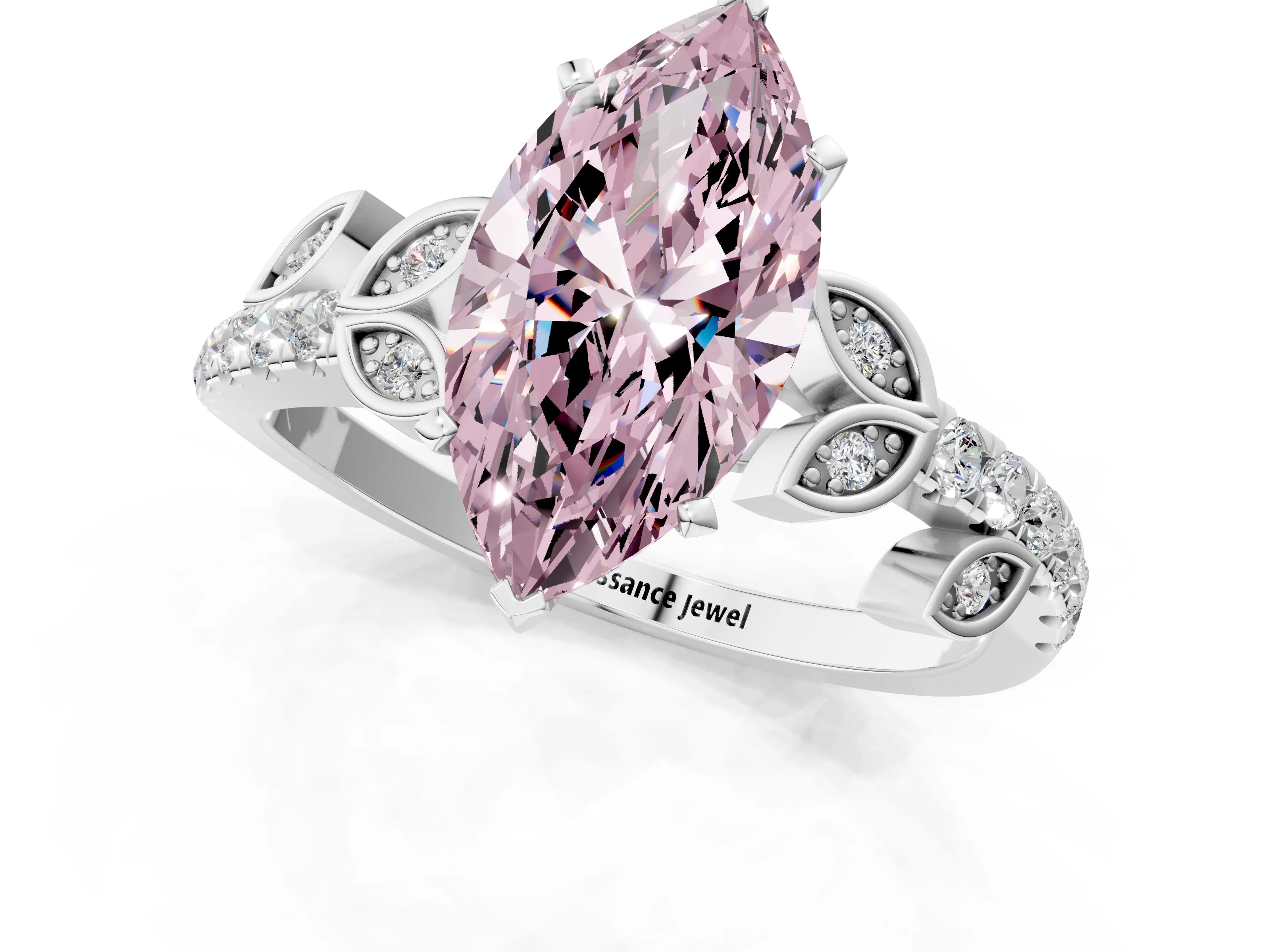 White gold Fancy Pink Marquise Cut Solitaire Leaf-Inspired Diamond Ring with Pavé Band and Four-Prong Setting_37