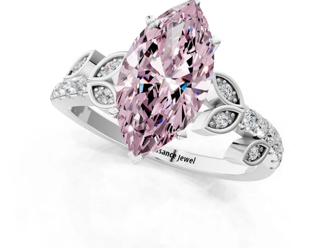 White gold Fancy Pink Marquise Cut Solitaire Leaf-Inspired Diamond Ring with Pavé Band and Four-Prong Setting_37