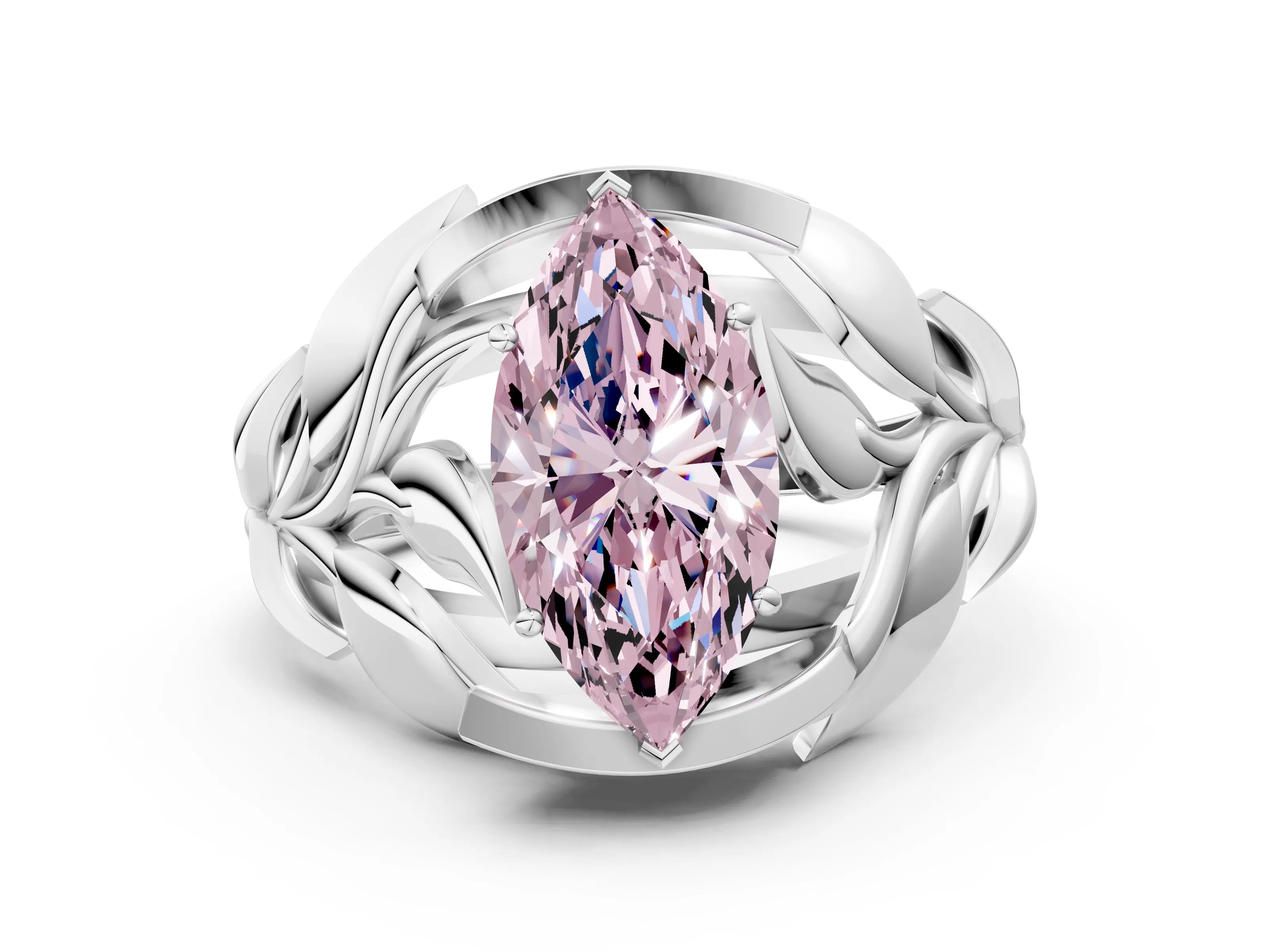 White gold Fancy Pink Marquise Cut Solitaire Leaf-Inspired Engagement Ring with Prong Setting