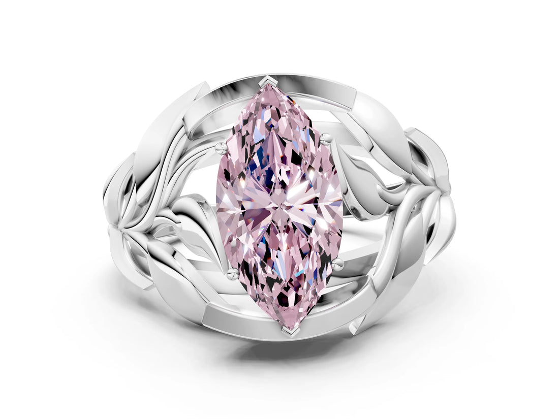 White gold Fancy Pink Marquise Cut Solitaire Leaf-Inspired Engagement Ring with Prong Setting
