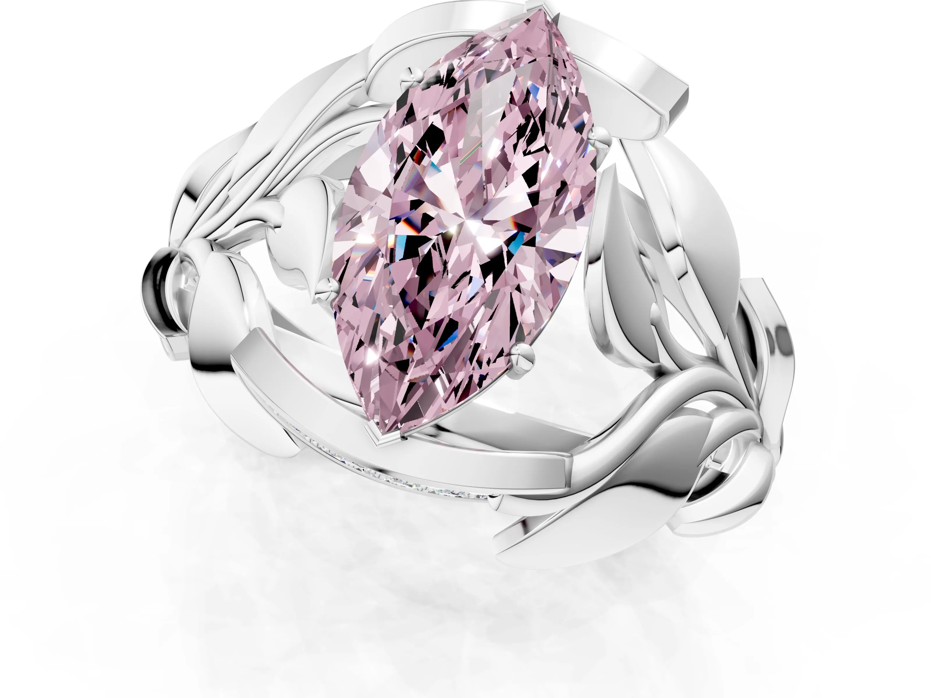 White gold Fancy Pink Marquise Cut Solitaire Leaf-Inspired Engagement Ring with Prong Setting_1