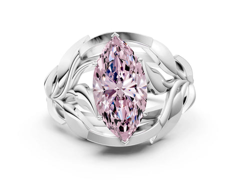 White gold Fancy Pink Marquise Cut Solitaire Leaf-Inspired Engagement Ring with Prong Setting