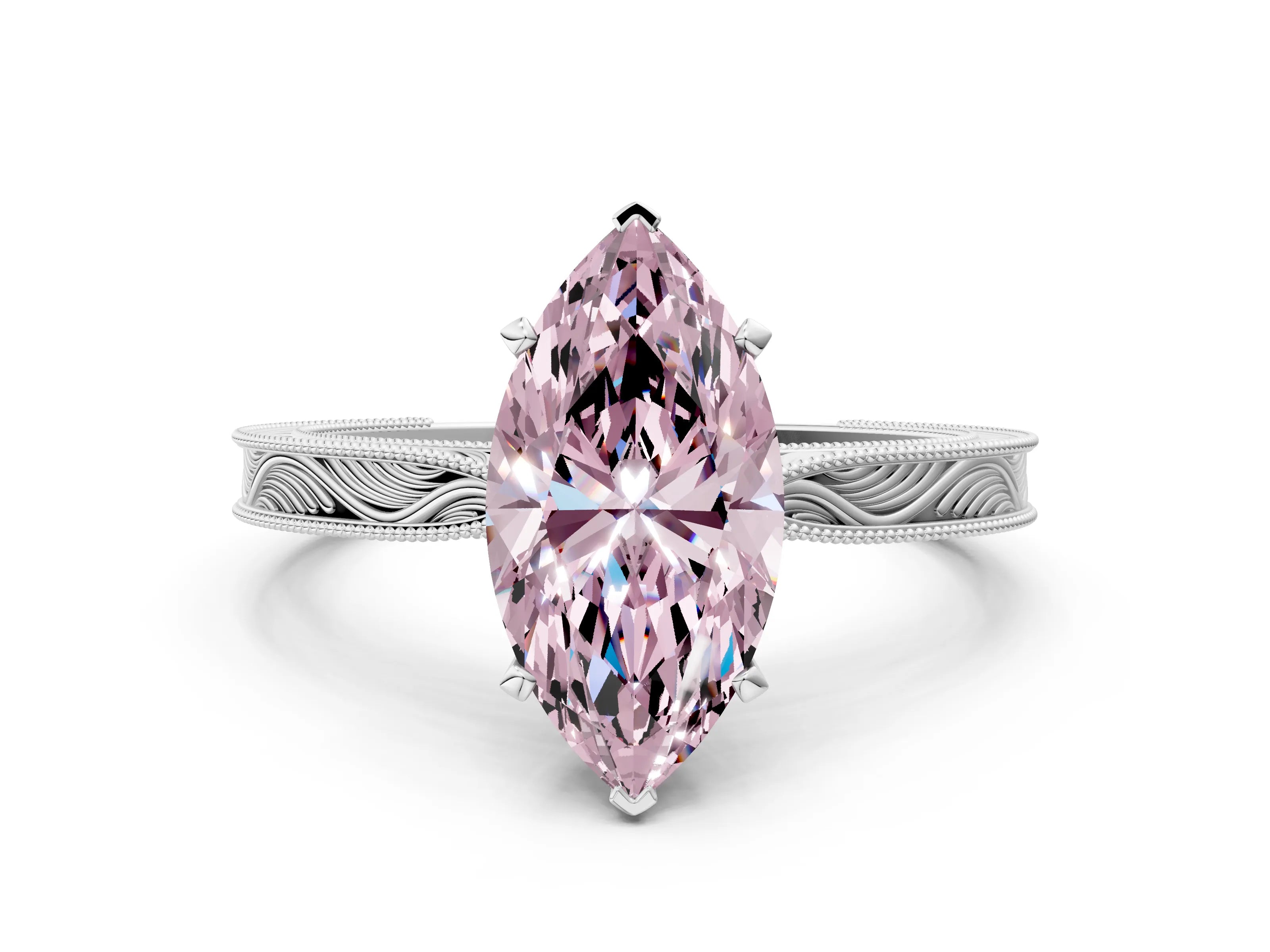 White gold Fancy Pink Marquise Cut Solitaire Milgrain Engraved Band with Four-Prong Setting_12