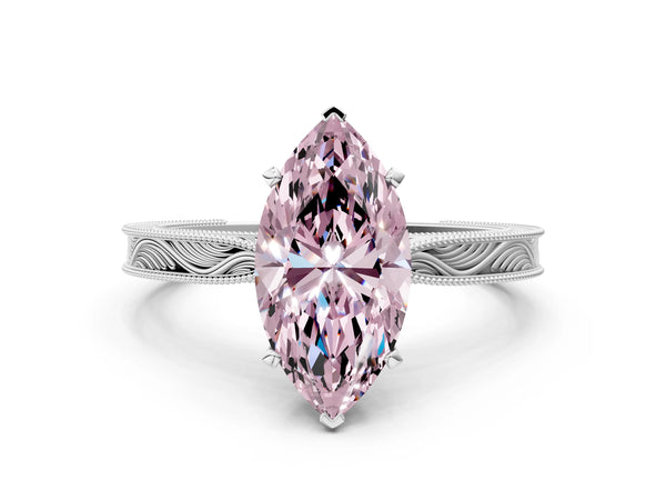 White gold Fancy Pink Marquise Cut Solitaire Milgrain Engraved Band with Four-Prong Setting