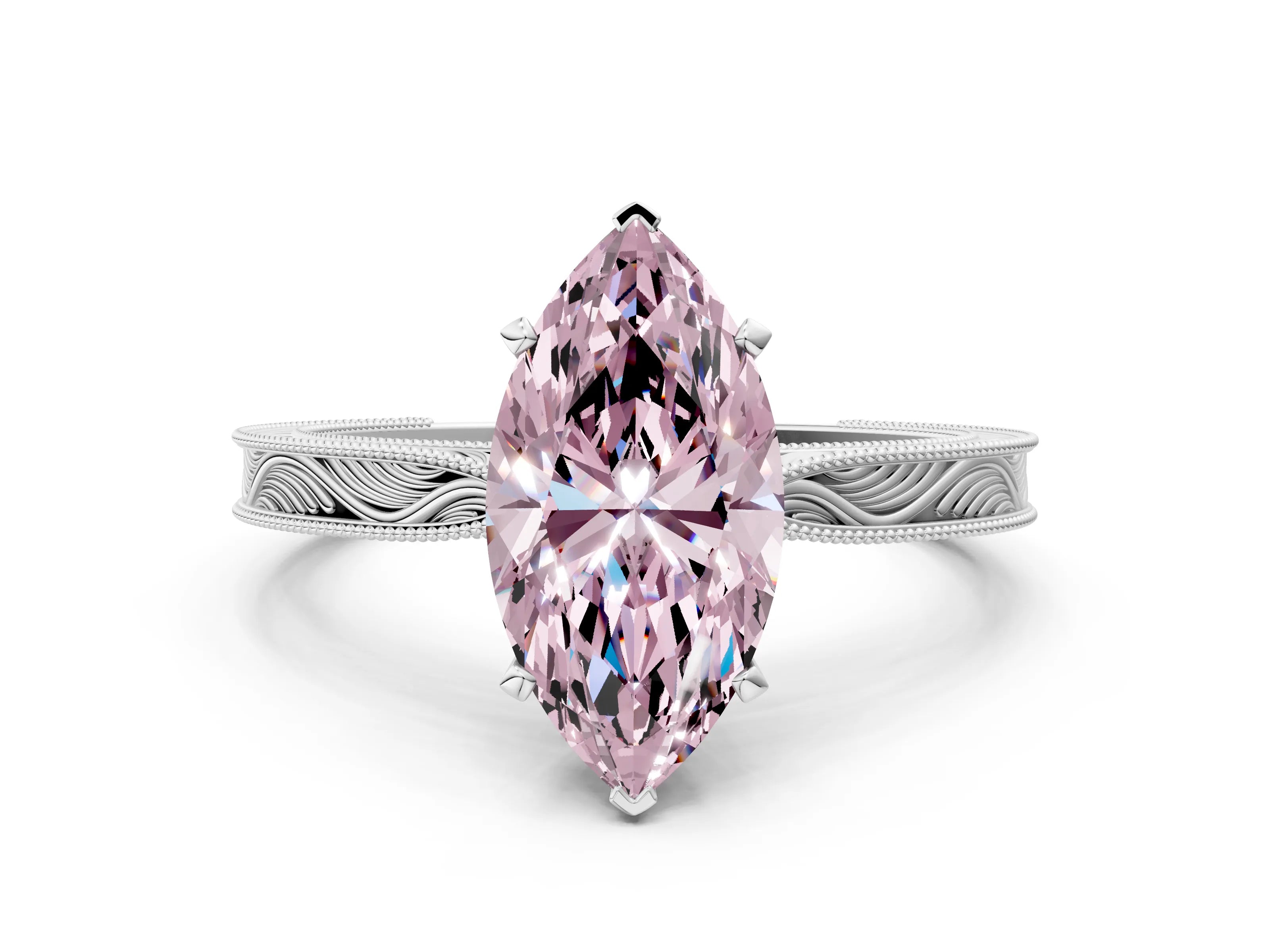 White gold Fancy Pink Marquise Cut Solitaire Milgrain Engraved Band with Four-Prong Setting