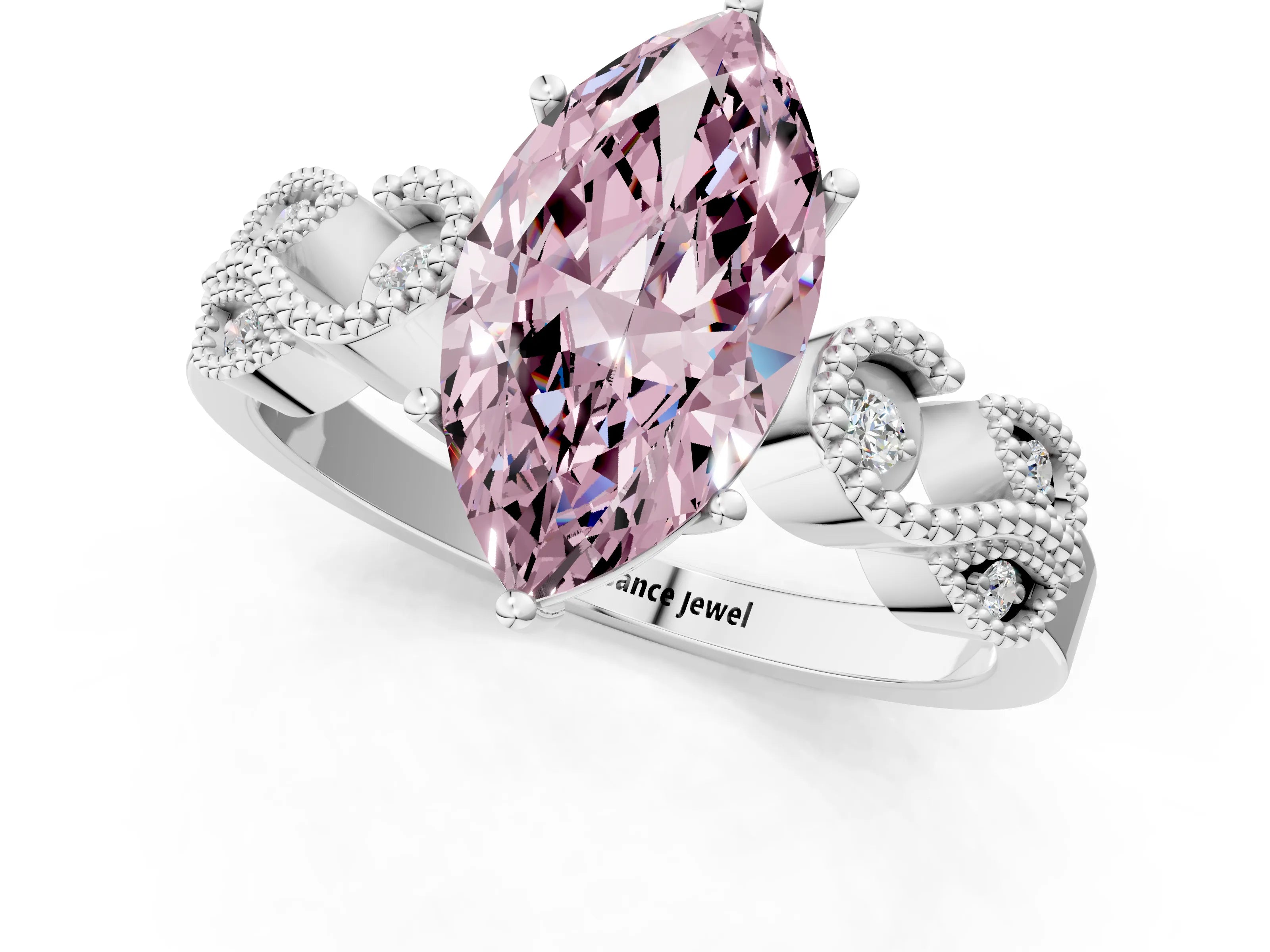White gold Fancy Pink Marquise Cut Solitaire Milgrain Leaf Band with Prong Setting_1