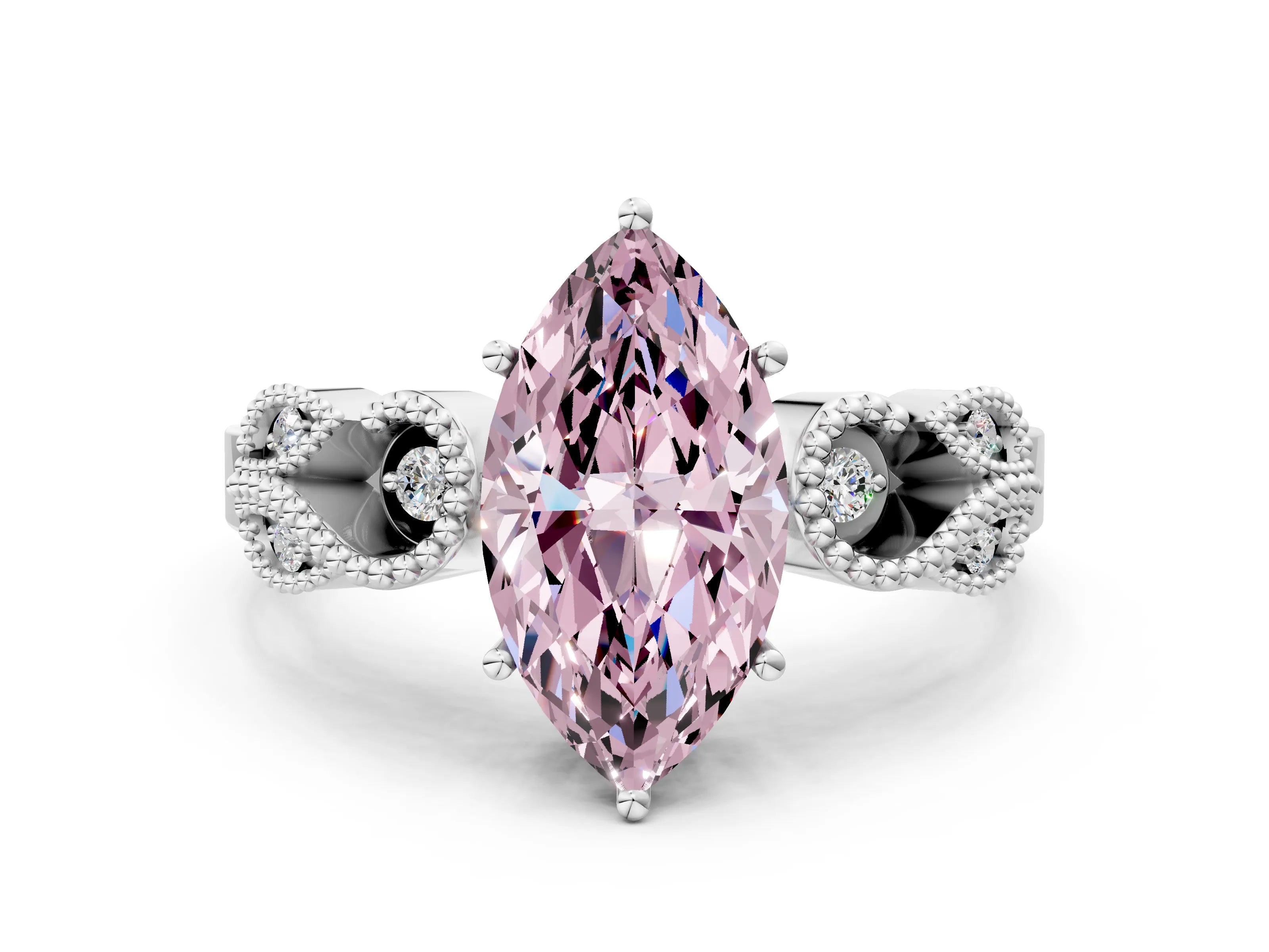 White gold Fancy Pink Marquise Cut Solitaire Milgrain Leaf Band with Prong Setting_12