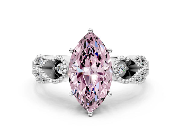 Platinum Fancy Pink Marquise Cut Solitaire Milgrain Leaf Band with Prong Setting