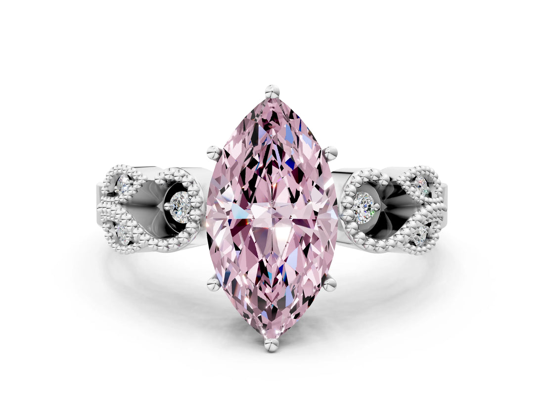 White gold Fancy Pink Marquise Cut Solitaire Milgrain Leaf Band with Prong Setting_12
