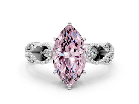White gold Fancy Pink Marquise Cut Solitaire Milgrain Leaf Band with Prong Setting