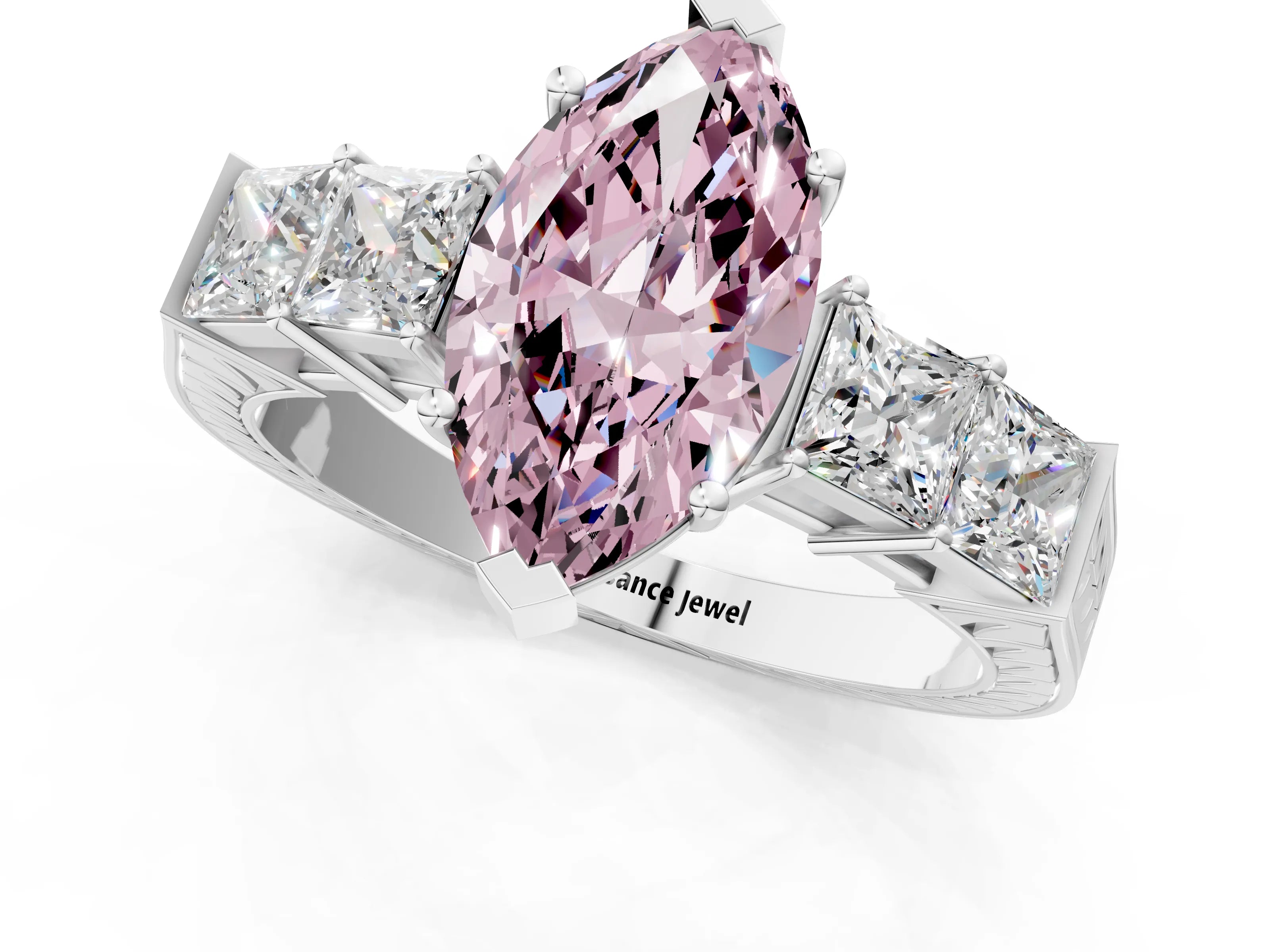 White gold Fancy Pink Marquise Cut Solitaire Princess Side Stone Engraved Band Prong Setting Ring_1