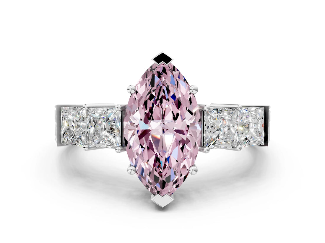 White gold Fancy Pink Marquise Cut Solitaire Princess Side Stone Engraved Band Prong Setting Ring_12
