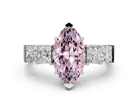 White gold Fancy Pink Marquise Cut Solitaire Princess Side Stone Engraved Band Prong Setting Ring_12