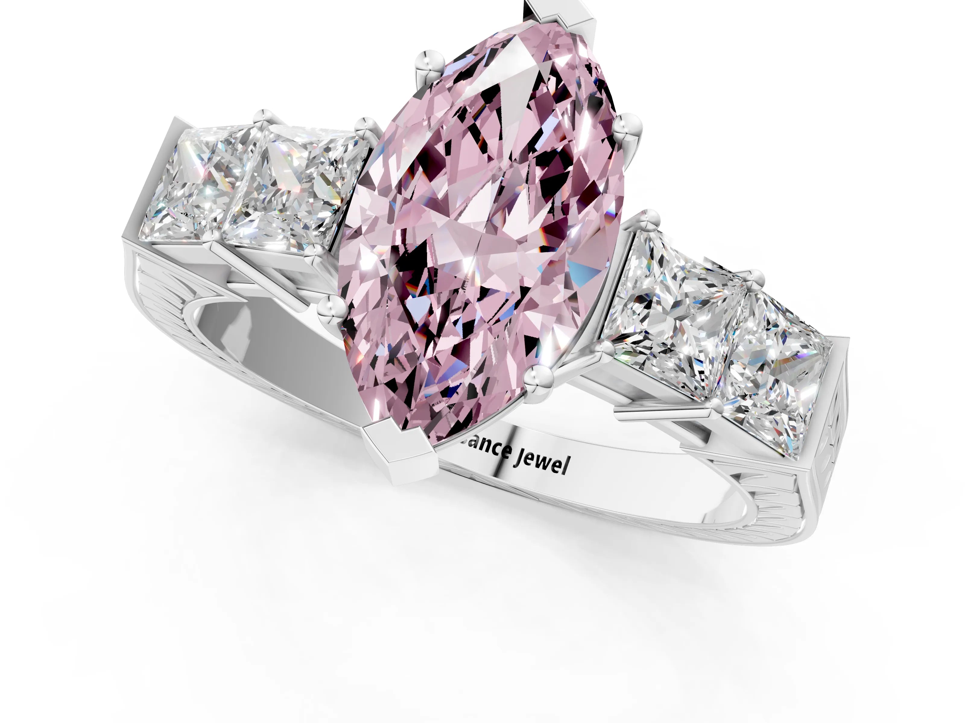 White gold Fancy Pink Marquise Cut Solitaire Princess Side Stone Engraved Band Prong Setting Ring_13