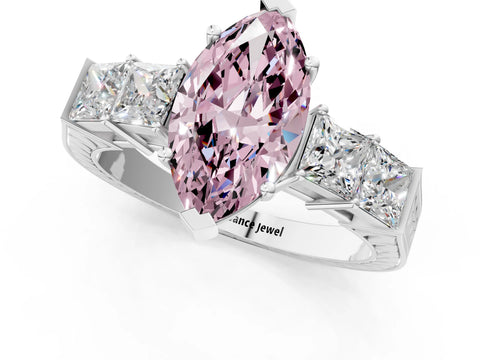 White gold Fancy Pink Marquise Cut Solitaire Princess Side Stone Engraved Band Prong Setting Ring_13