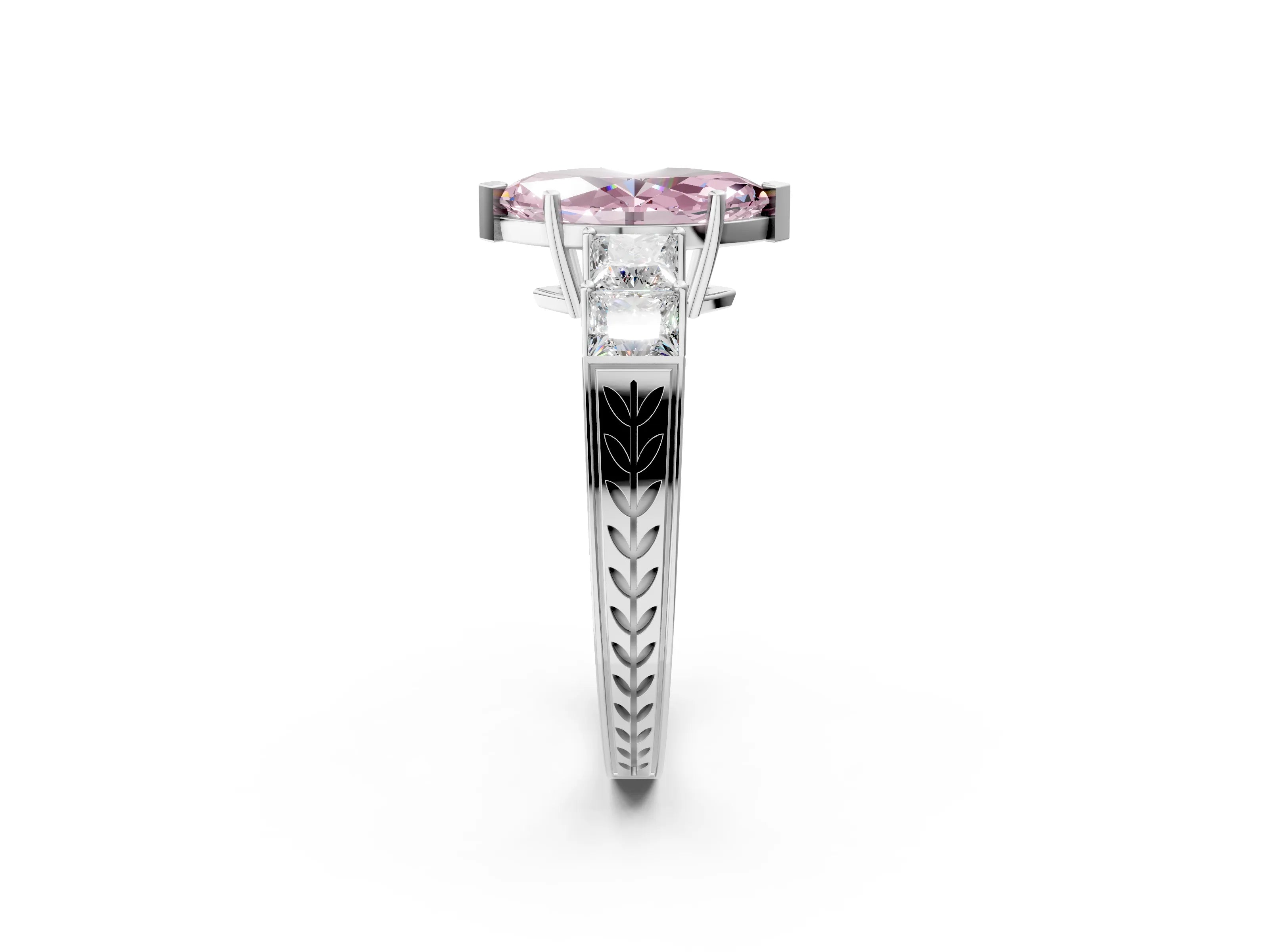 White gold Fancy Pink Marquise Cut Solitaire Princess Side Stone Engraved Band Prong Setting Ring_14