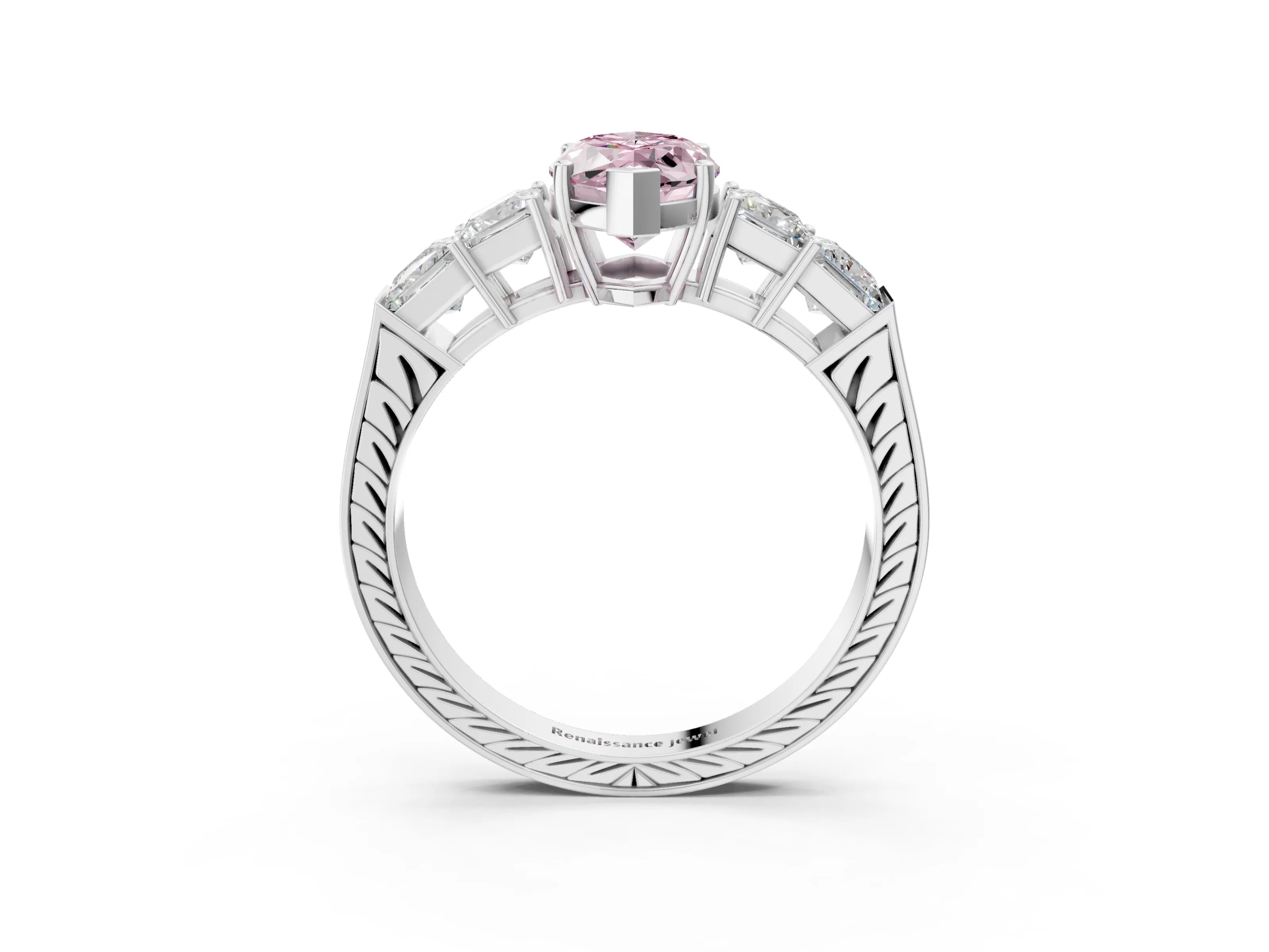 White gold Fancy Pink Marquise Cut Solitaire Princess Side Stone Engraved Band Prong Setting Ring_15
