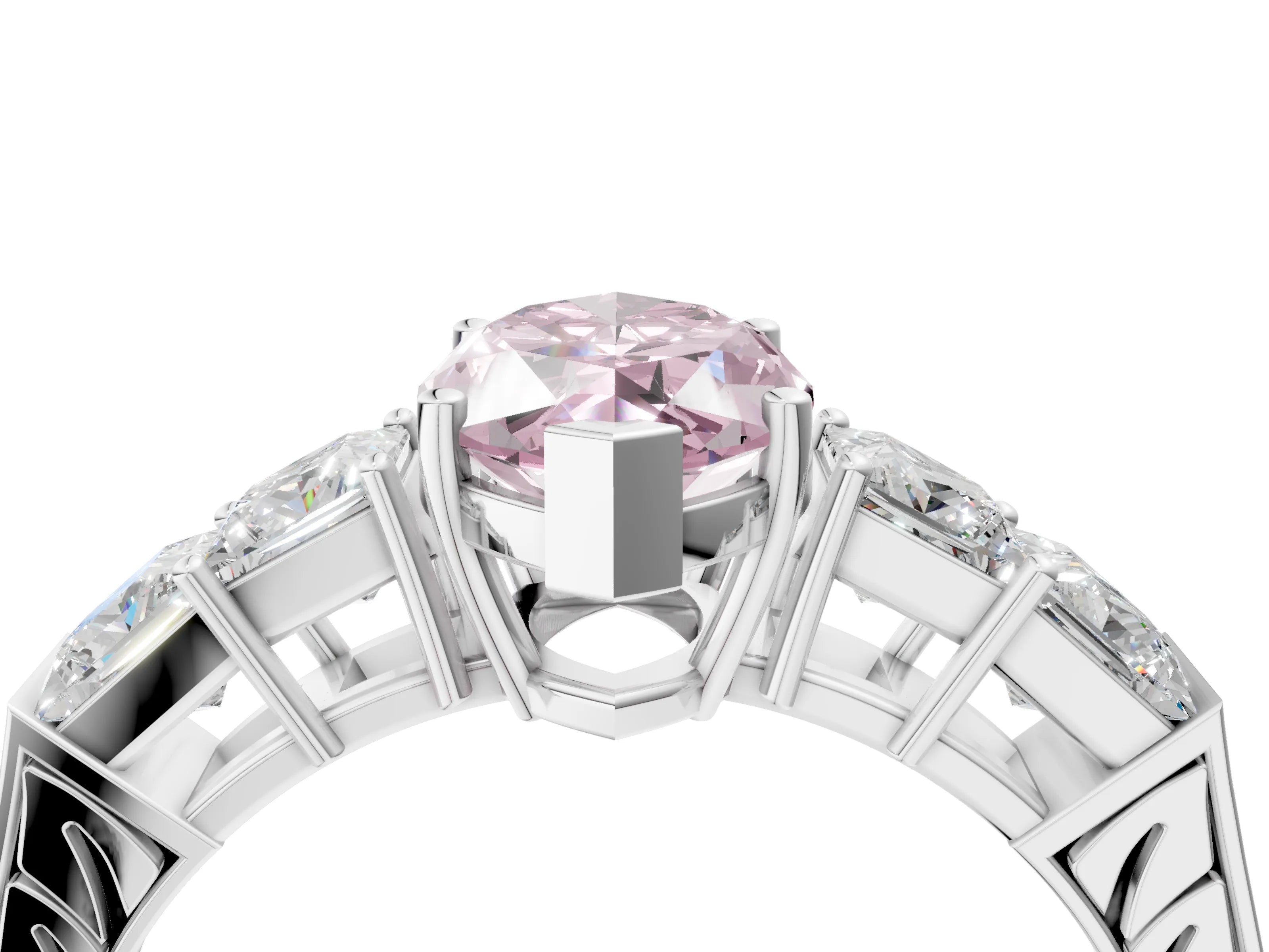 White gold Fancy Pink Marquise Cut Solitaire Princess Side Stone Engraved Band Prong Setting Ring_16