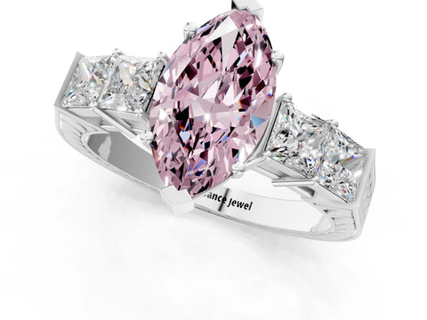White gold Fancy Pink Marquise Cut Solitaire Princess Side Stone Engraved Band Prong Setting Ring_1