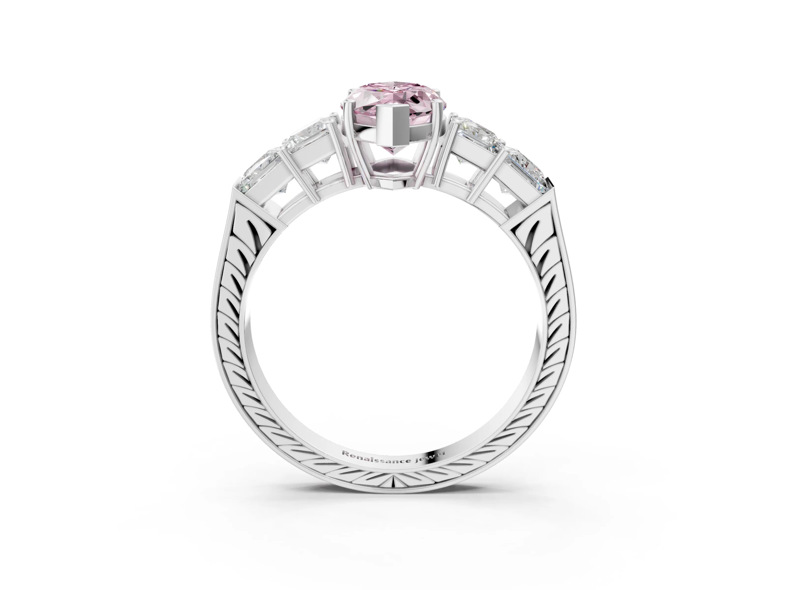 White gold Fancy Pink Marquise Cut Solitaire Princess Side Stone Engraved Band Prong Setting Ring_3