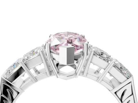 White gold Fancy Pink Marquise Cut Solitaire Princess Side Stone Engraved Band Prong Setting Ring_4