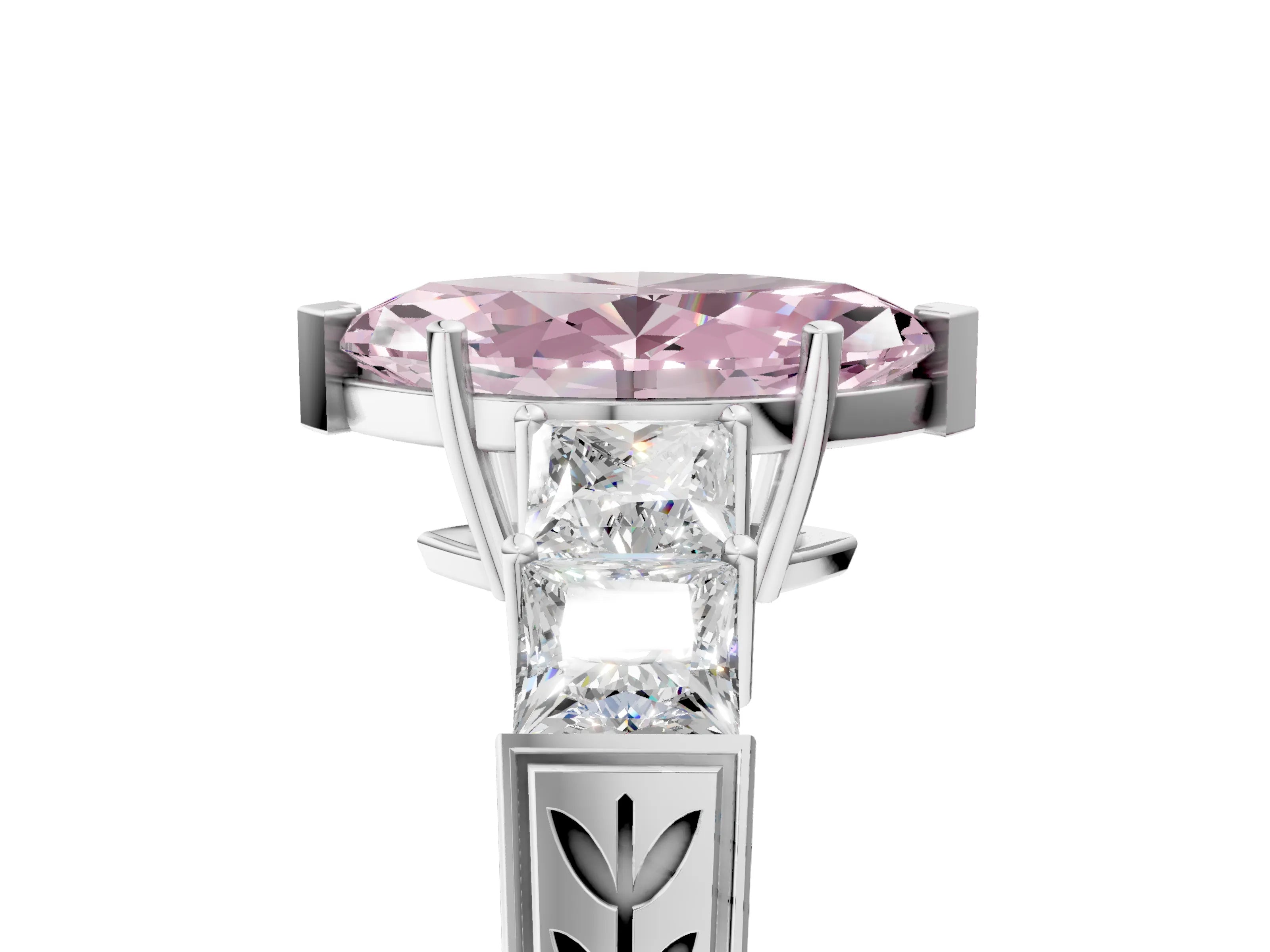 White gold Fancy Pink Marquise Cut Solitaire Princess Side Stone Engraved Band Prong Setting Ring_5