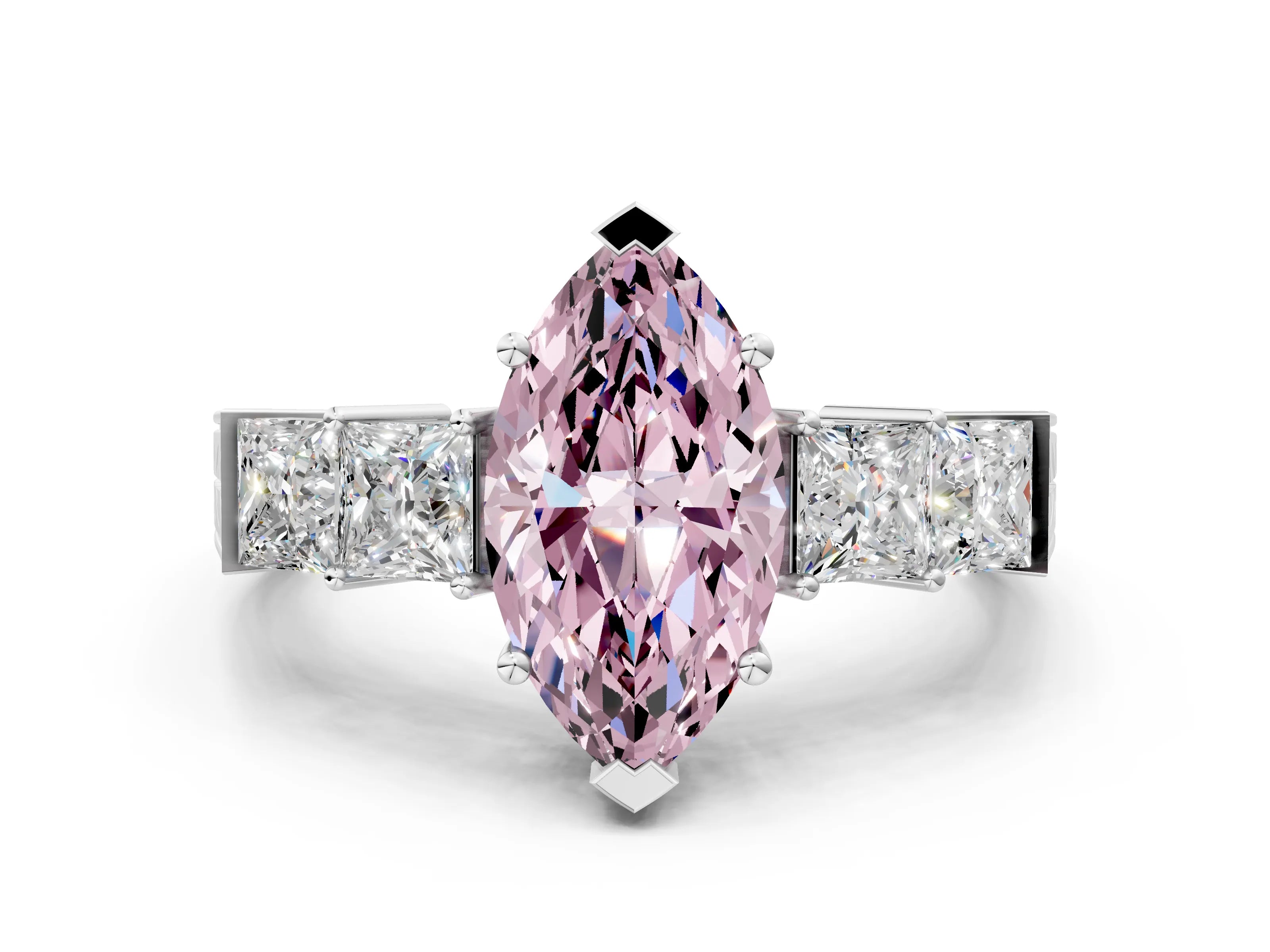 White gold Fancy Pink Marquise Cut Solitaire Princess Side Stone Engraved Band Prong Setting Ring