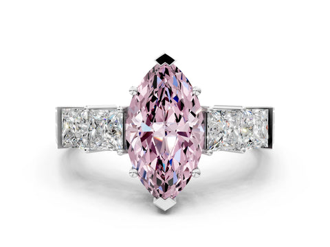 White gold Fancy Pink Marquise Cut Solitaire Princess Side Stone Engraved Band Prong Setting Ring
