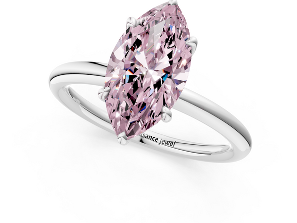 White gold Fancy Pink Marquise Cut Diamond Solitaire Ring with Thin Band and Four-Prong Setting