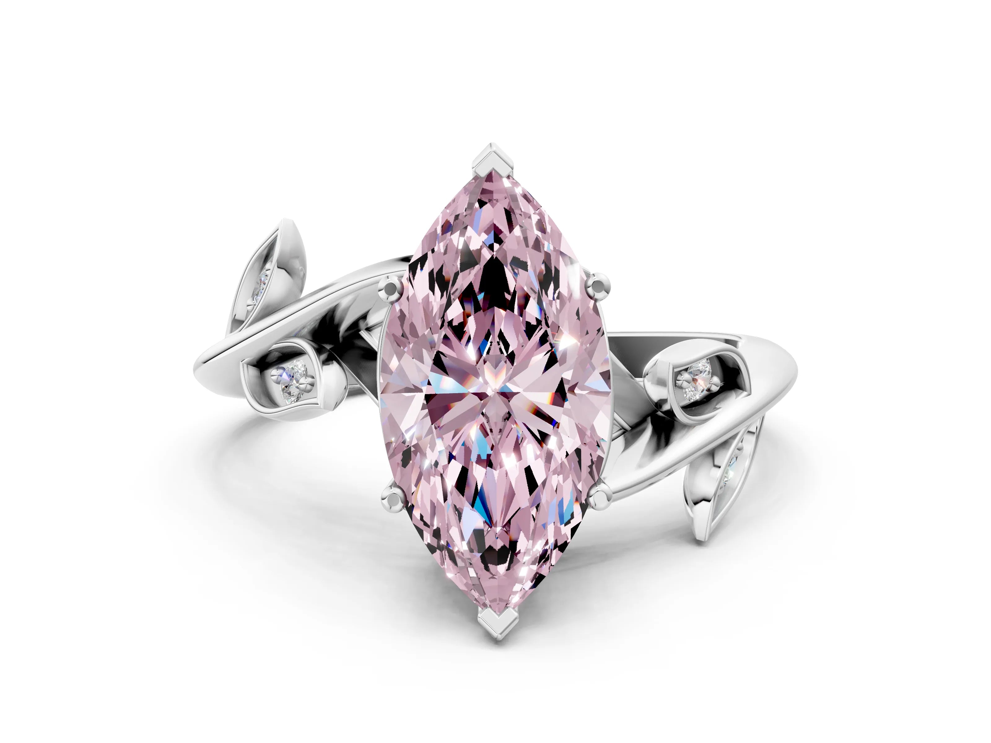 White gold Fancy Pink Marquise Cut Solitaire Twist Engagement Ring with Leaf Accents and Prong Setting_12