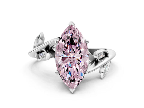 White gold Fancy Pink Marquise Cut Solitaire Twist Engagement Ring with Leaf Accents and Prong Setting_12