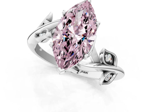 White gold Fancy Pink Marquise Cut Solitaire Twist Engagement Ring with Leaf Accents and Prong Setting_13