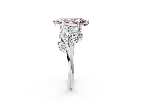 White gold Fancy Pink Marquise Cut Solitaire Twist Engagement Ring with Leaf Accents and Prong Setting_14