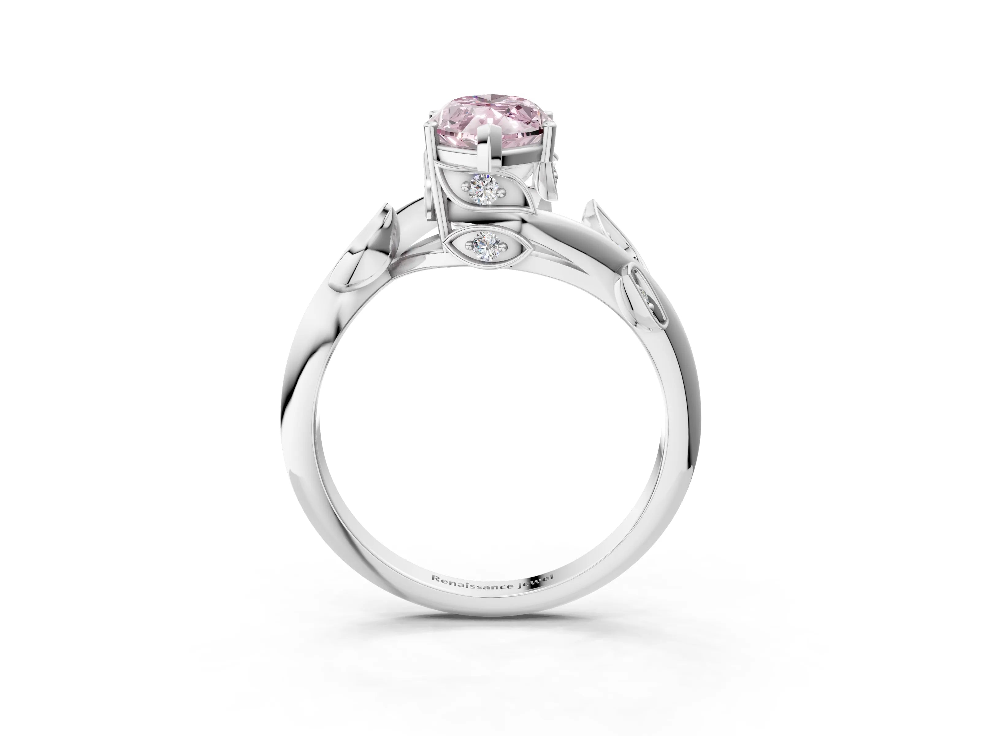 White gold Fancy Pink Marquise Cut Solitaire Twist Engagement Ring with Leaf Accents and Prong Setting_15