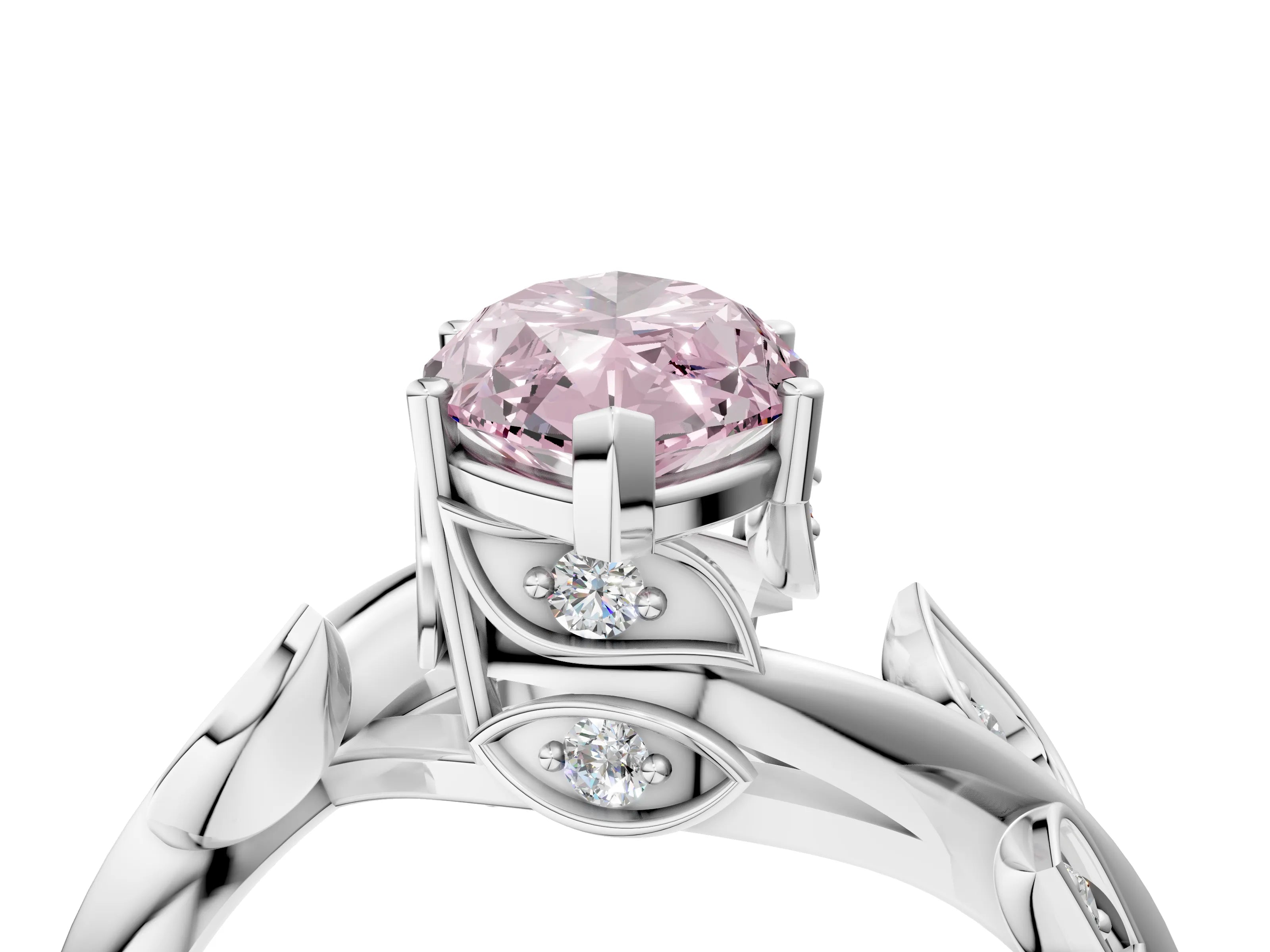 White gold Fancy Pink Marquise Cut Solitaire Twist Engagement Ring with Leaf Accents and Prong Setting_16
