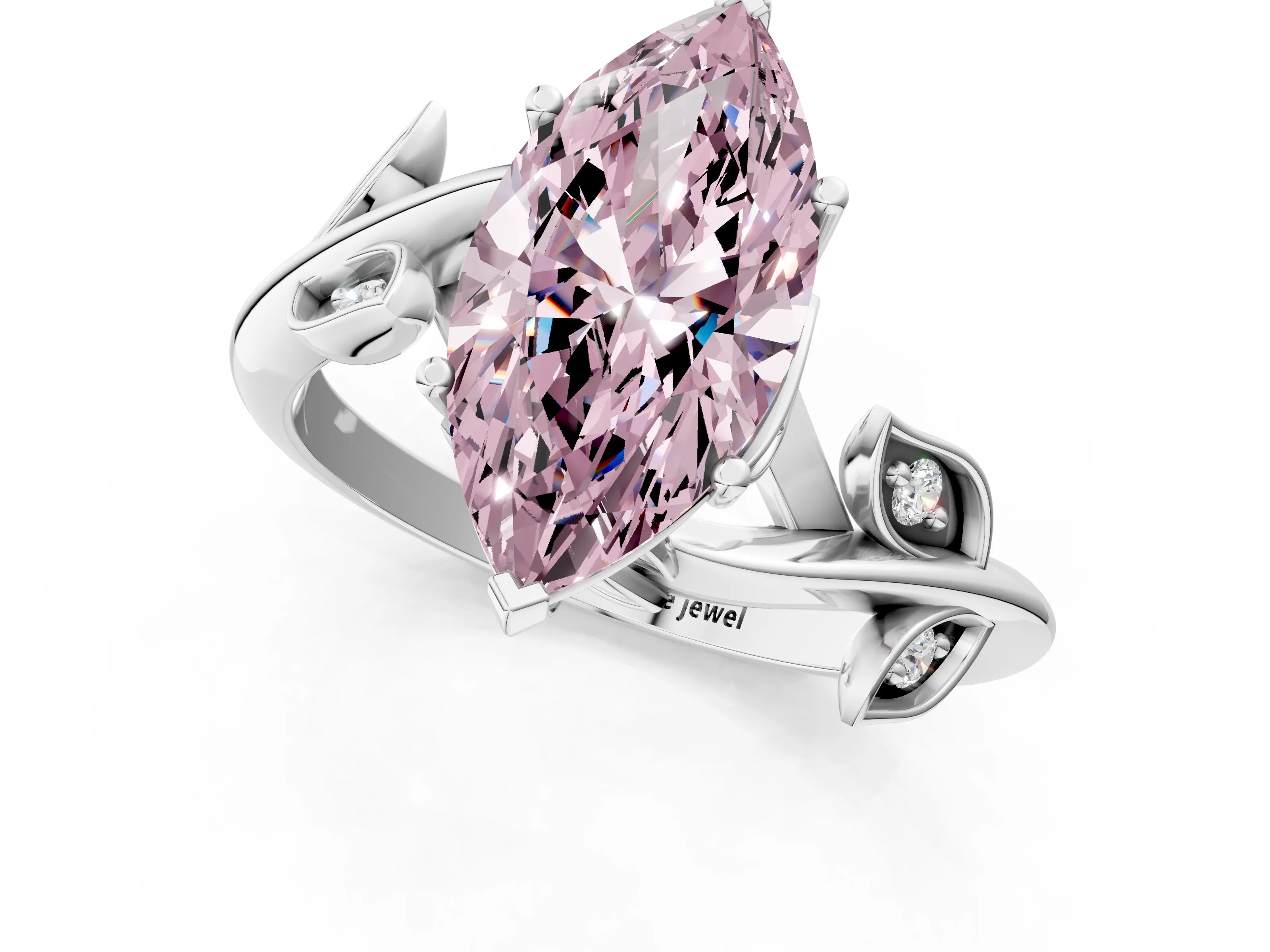 White gold Fancy Pink Marquise Cut Solitaire Twist Engagement Ring with Leaf Accents and Prong Setting_1